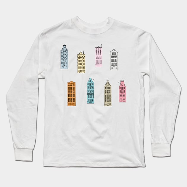 Facades of old canal houses from Amsterdam City rainbow colorful illustration Long Sleeve T-Shirt by sinemfiit